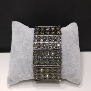 Wide Gunmetal Gray & Gray Rhinestones Stretch Bracelet, 7 1/2 Inches